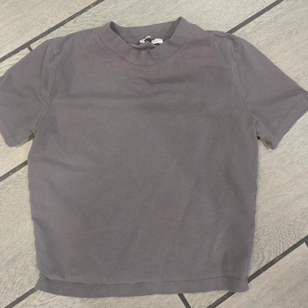 Zara Womens Charcoal Gray Short Sleeve High Neck Crop Top T-Shirt Size S